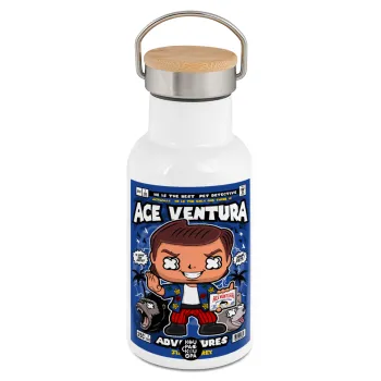 Ace Ventura: Pet Detective, Μεταλλικό παγούρι θερμός (Stainless steel) Λευκό με ξύλινο καπακι (bamboo), διπλού τοιχώματος, 350ml