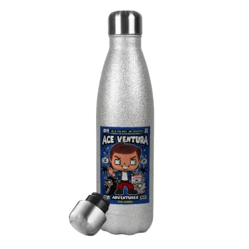 Ace Ventura: Pet Detective, Μεταλλικό παγούρι θερμός Glitter Aσημένιο (Stainless steel), διπλού τοιχώματος, 500ml