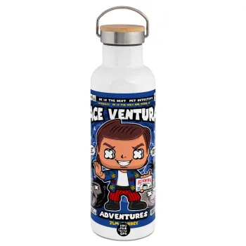 Ace Ventura: Pet Detective, Μεταλλικό παγούρι θερμός (Stainless steel) Λευκό με ξύλινο καπάκι (bamboo), διπλού τοιχώματος, 750ml