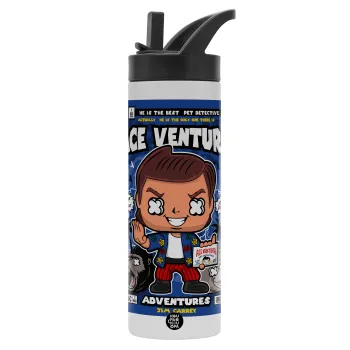 Ace Ventura: Pet Detective, Metallic thermos bottle with straw & handle, stainless steel (Stainless steel 304), double-walled, 600ml.