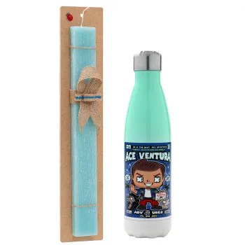 Ace Ventura: Pet Detective, Easter Set, Metallic green/white thermos (Stainless steel), double-walled, 500ml & scented flat Easter candle (30cm) (TURQUOISE)