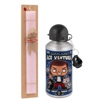 Ace Ventura: Pet Detective, Easter Set, metallic Silver aluminum water bottle (500ml) & scented flat Easter candle (30cm) (PINK)