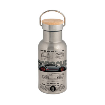Porsche, Stainless steel metallic thermos flask, silver with a bamboo lid, double-walled, 350ml.