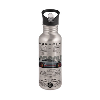 Porsche, Water bottle Silver with straw, stainless steel 600ml