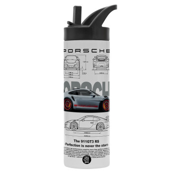 Porsche, Μεταλλικό παγούρι θερμός με καλαμάκι & χειρολαβή, ανοξείδωτο ατσάλι (Stainless steel 304), διπλού τοιχώματος, 600ml