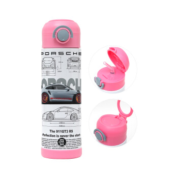 Porsche, Παιδικό παγούρι θερμό, ανοξείδωτο, με καλαμάκι ασφαλείας, ΡΟΖ (500ml)