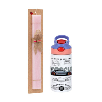 Porsche, Easter Set, Children's thermal stainless steel water bottle with safety straw, pink/purple (350ml) & Easter scented flat candle (30cm) (PINK)