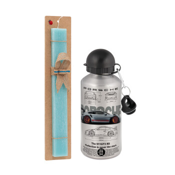 Porsche, Easter Set, metallic silver aluminum water bottle (500ml) & scented flat Easter candle (30cm) (TURQUOISE)