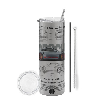 Porsche, Tumbler ποτήρι θερμό Ασημένιο από ανοξείδωτο ατσάλι 600ml, με μεταλλικό καλαμάκι & βούρτσα καθαρισμού