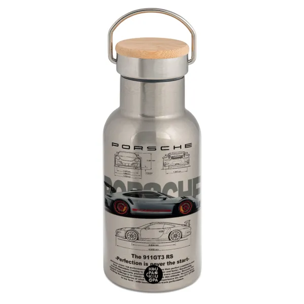 Porsche — Stainless steel metallic thermos flask, silver with a bamboo lid, double-walled, 350ml.