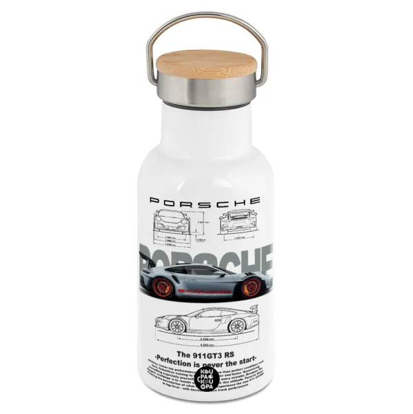 Porsche — Metallic thermos (Stainless steel) White with wooden lid (bamboo), double-walled, 350ml