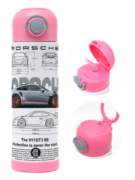 Porsche — Παιδικό παγούρι θερμό, ανοξείδωτο, με καλαμάκι ασφαλείας, ΡΟΖ (500ml)