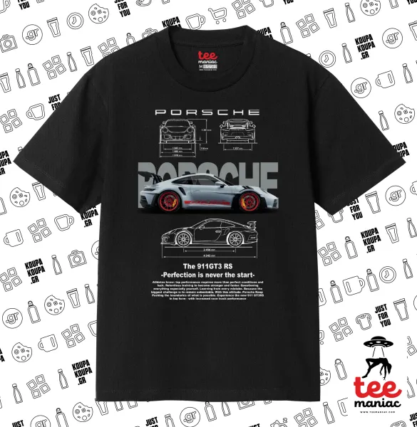 Porsche — ΜΑΥΡΟ Κλασικό T-Shirt, διπλής ραφής, χωρίς πλευρικές ραφές από 100% βαμβάκι. Vegan & OEKO-TEX πιστοποιημένο.