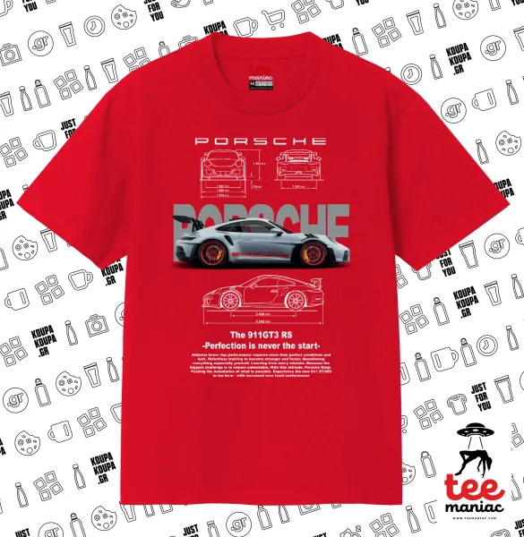 Porsche — ΚΟΚΚΙΝΟ Κλασικό T-Shirt, διπλής ραφής, χωρίς πλευρικές ραφές από 100% βαμβάκι. Vegan & OEKO-TEX πιστοποιημένο.