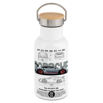 Porsche, Metallic thermos (Stainless steel) White with wooden lid (bamboo), double-walled, 350ml