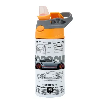 Porsche, Children's hot water bottle, stainless steel, with safety straw, Orange/Grey (360ml) BPA-FREE