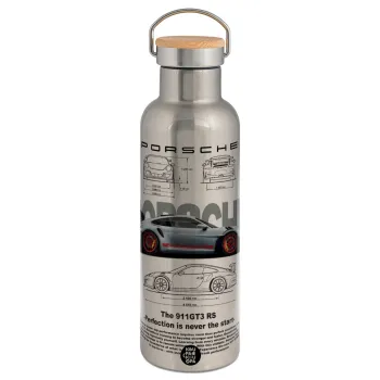 Porsche, Μεταλλικό παγούρι θερμός (Stainless steel) Ασημένιο με ξύλινο καπακι (bamboo), διπλού τοιχώματος, 750ml