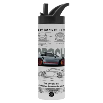 Porsche, Μεταλλικό παγούρι θερμός με καλαμάκι & χειρολαβή, ανοξείδωτο ατσάλι (Stainless steel 304), διπλού τοιχώματος, 600ml