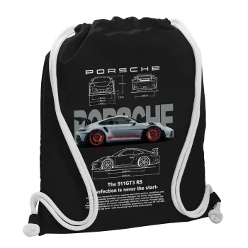 Porsche, Backpack pouch GYMBAG Black, with pocket (40x48cm) & thick white cords