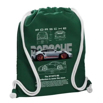Porsche, Τσάντα πλάτης πουγκί GYMBAG BOTTLE GREEN, με τσέπη (40x48cm) & χονδρά λευκά κορδόνια