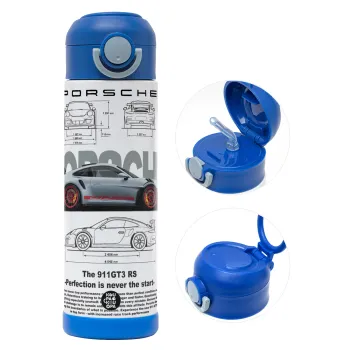 Porsche, Children's hot water bottle, stainless steel, with safety straw, BLUE (500ml)