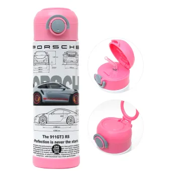 Porsche, Children's hot water bottle, stainless steel, with safety straw, PINK (500ml)