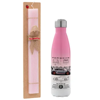 Porsche, Easter Set, Metallic pink/white (Stainless steel) thermos, double-walled, 500ml & aromatic flat Easter candle (30cm) (PINK)