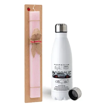 Porsche, Easter Set, metallic stainless steel water bottle (750ml) & scented flat Easter candle (30cm) (PINK)