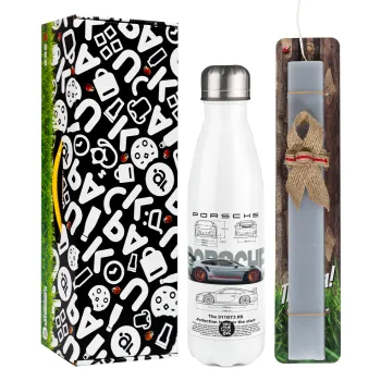 Porsche, Easter candle, metallic white thermos bottle (500ml) & aromatic flat candle (30cm) (GRAY)