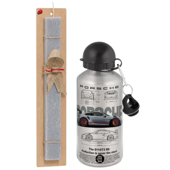 Porsche, Easter Set, metallic silver aluminum water bottle (500ml) & aromatic flat Easter candle (30cm) (GRAY)