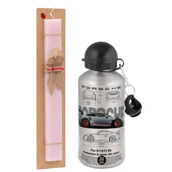 Porsche, Easter Set, metallic Silver aluminum water bottle (500ml) & scented flat Easter candle (30cm) (PINK)