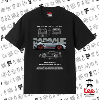 Porsche, Κλασικό T-Shirt, διπλής ραφής, χωρίς πλευρικές ραφές ΜΑΥΡΟ από 100% βαμβάκι. Vegan & OEKO-TEX πιστοποιημένο.