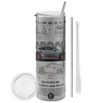 Porsche, Tumbler ποτήρι θερμό Ασημένιο από ανοξείδωτο ατσάλι 600ml, με μεταλλικό καλαμάκι & βούρτσα καθαρισμού