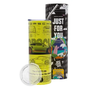 Porsche, Neon Yellow Travel Tumbler θερμό, μεταλλικό καλαμάκι(Ανωξείδωτο 304 Food grade, BPA free, 600ml)