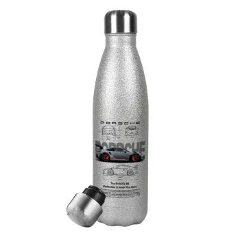 Porsche, Μεταλλικό παγούρι θερμός Glitter Aσημένιο (Stainless steel), διπλού τοιχώματος, 500ml