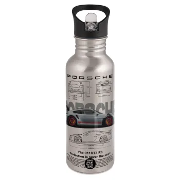 Porsche, Water bottle Silver with straw, stainless steel 600ml