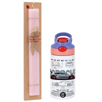 Porsche, Easter Set, Children's thermal stainless steel water bottle with safety straw, pink/purple (350ml) & Easter scented flat candle (30cm) (PINK)