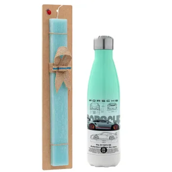 Porsche, Easter Set, Metallic green/white thermos (Stainless steel), double-walled, 500ml & scented flat Easter candle (30cm) (TURQUOISE)