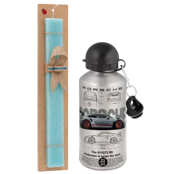 Porsche, Easter Set, metallic silver aluminum water bottle (500ml) & scented flat Easter candle (30cm) (TURQUOISE)