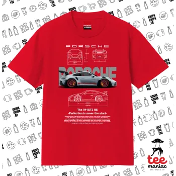 Porsche, Κλασικό T-Shirt, διπλής ραφής, χωρίς πλευρικές ραφές ΚΟΚΚΙΝΟ από 100% βαμβάκι. Vegan & OEKO-TEX πιστοποιημένο.