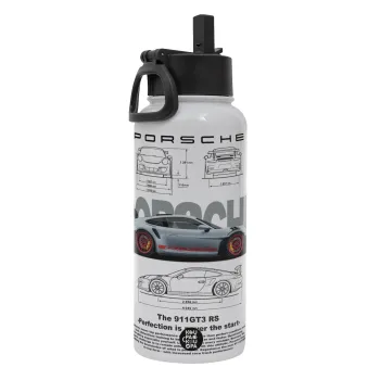 Porsche, Metal mug thermo White with Straw and Spout Lid (Stainless steel), double wall, 950ml