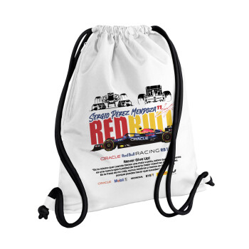 Sergio Perez - F1 Red Bull Racing, Backpack pouch GYMBAG white, with pocket (40x48cm) & thick cords