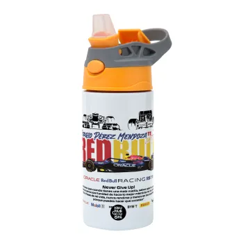 Sergio Perez - F1 Red Bull Racing, Children's hot water bottle, stainless steel, with safety straw, Orange/Grey (360ml) BPA-FREE