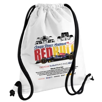 Sergio Perez - F1 Red Bull Racing, Τσάντα πλάτης πουγκί GYMBAG λευκή, με τσέπη (40x48cm) & χονδρά κορδόνια