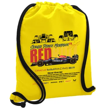 Sergio Perez - F1 Red Bull Racing, Backpack pouch GYMBAG Yellow, with pocket (40x48cm) & thick cords