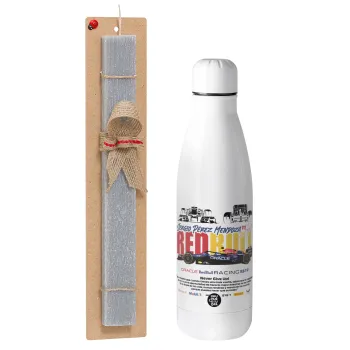 Sergio Perez - F1 Red Bull Racing, Easter Set, metallic stainless thermos bottle (500ml) & scented flat Easter candle (30cm) (GRAY)