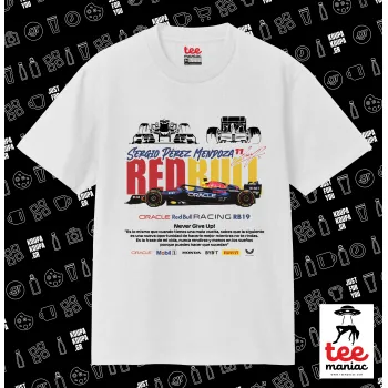 Sergio Perez - F1 Red Bull Racing, Κλασικό T-Shirt, διπλής ραφής, χωρίς πλευρικές ραφές ΛΕΥΚΟ από 100% βαμβάκι. Vegan & OEKO-TEX πιστοποιημένο.