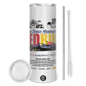 Sergio Perez - F1 Red Bull Racing, Tumbler ποτήρι θερμό από ανοξείδωτο ατσάλι 600ml, με μεταλλικό καλαμάκι & βούρτσα καθαρισμού