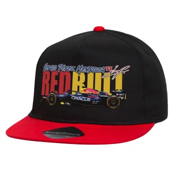 Sergio Perez - F1 Red Bull Racing, Καπέλο παιδικό Flat Snapback, Μαύρο/Κόκκινο (100% ΒΑΜΒΑΚΕΡΟ, ΠΑΙΔΙΚΟ, UNISEX, ONE SIZE)