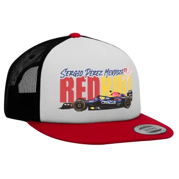 Sergio Perez - F1 Red Bull Racing, Καπέλο Ενηλίκων Foam Flat Snapback με Δίχτυ Κόκκινο-Λευκό-Μαύρο (POLYESTER, ΕΝΗΛΙΚΩΝ, UNISEX, ONE SIZE)